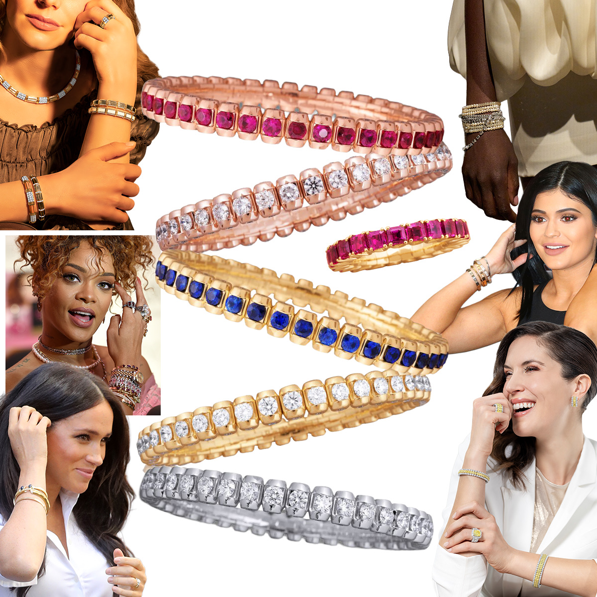 model wearing PICCHIOTTI Xpandable Fashion Gems and the 8158 bracelets and necklace, center stack of PICCHIOTTI Xpandable Gold Accent bracelets, PICCHIOTTI Xpandable yellow gold and ruby ring, right – top to bottom – Christian Siriono FW 2026 (Spotlight Launchmetrics), Kylie Jenner (Getty), model wearing PICCHIOTTI Xpandable fancy yellow diamonds, Meaghan Markle (Getty), Rihanna (Getty)