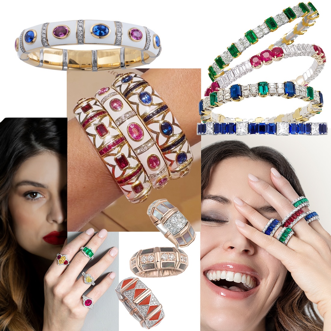Clockwise from upper left – PICCHIOTTI Essentially Color Xpandable blue and pink sapphire bracelet, stack of PICCHIOTTI Xpandable “For the Love of Color” bracelets, model wearing PICCHIOTTI “For the Love of Color” rings, mini stack of PICCHIOTTI Fashion Gems Xpandable rings in mother of pearl, dark mother of pearl, and coral, model wearing a series of PICCHIOTTI Xpandable cocktail rings – bottom to top – oval ruby, yellow heart diamond, emerald three stone, and yellow diamond with heart rubies, wrist with PICCHIOTTI Xpandable Gem Ceramic ruby, pink sapphire, and blue sapphire bracelets