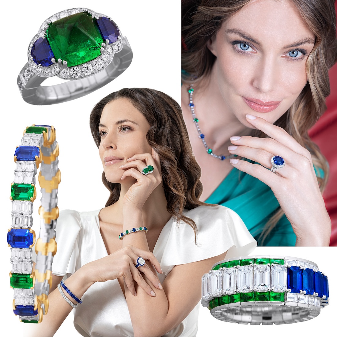 Clockwise from upper left – PICCHIOTTI Xpandable emerald and sapphire cocktail ring, model wearing PICCHIOTTI Masterpieces emerald and sapphire necklace with removable sapphire drop worn as a ring, PICCHIOTTI two-sided Xpandable ring, model wearing PICCHIOTTI Xpandable three stone emerald cocktail ring, emerald and sapphire Xpandable bracelet, diamond Xpandable ring with sapphire accents, Xpandable diamond and sapphire tennis bracelets, PICCHIOTTI Xpandable bracelet featuring emeralds and sapphires