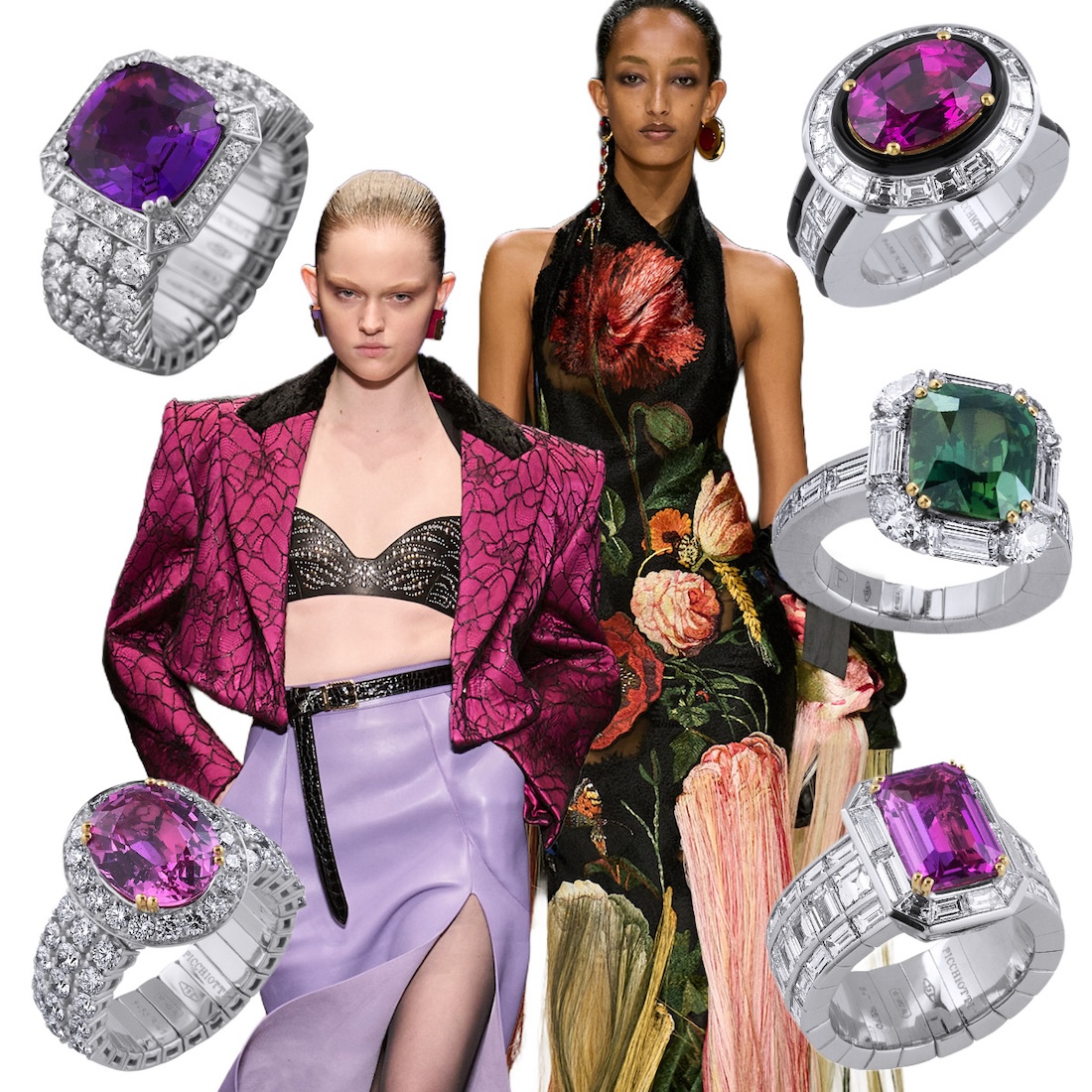 Clockwise from upper left – PICCHIOTTI Xpandable purple sapphire ring, Roberto Cavalli F/W 2026-27 (Spotlight Launchmetrics), Givenchy F/W 2026-27 (Spotlight Launchmetrics), PICCHIOTTI Xpandable cocktail ring with pink sapphire and onyx, PICCHIOTTI Xpandable green sapphire cocktail ring, PICCHIOTTI Xpandable pink sapphire cocktail ring, PICCHIOTTI Xpandable oval pink sapphire cocktail ring