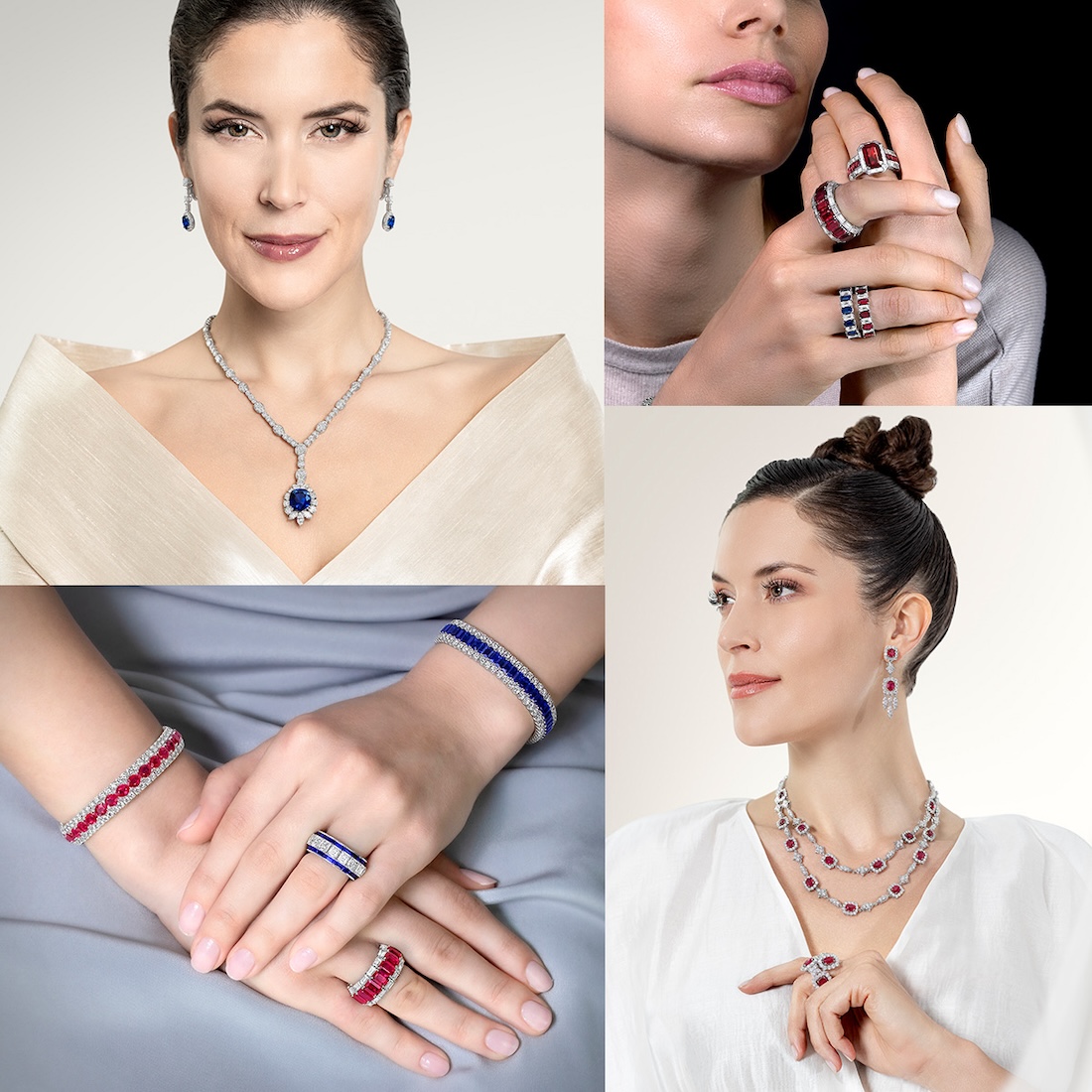 Clockwise from upper left – model wearing PICCHIOTTI Masterpieces sapphire necklace and earrings, model wearing PICCHIOTTI Xpandable For the Love of Color rings, model wearing PICCHIOTTI Ruby Chandelier earrings, necklace, ring, PICCHIOTTI Xpandable For the Love of Color rings and bracelets